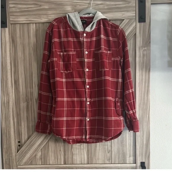 PacSun Red and Gray Plaid Button Down Hoodie Size Large - Picture 1 of 8